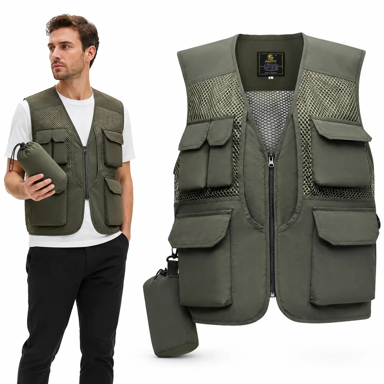 Men's Multi Pocket Nylon Mesh Fishing Vest Water Repellent Wear Resistant Utility Vest for Photography Outdoor Activities