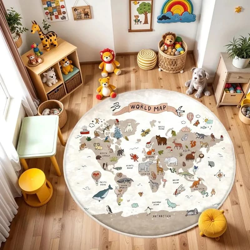 Kids Play Round Mat World Map of Animals Printed Carpet Children's Bedroom Bedside Table Non-slip Mat House Decoration