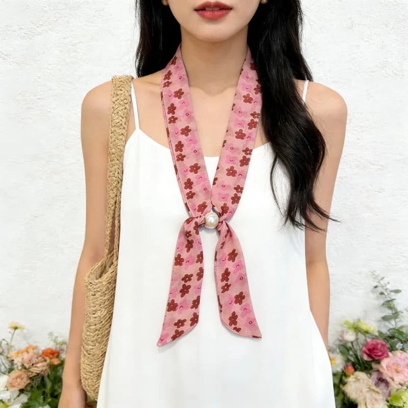 Premium Korean Beaded Polka Dot Scarf Women Spring Summer Retro Long Ribbon Silk Necklace Sweater Chain Simple Accessory