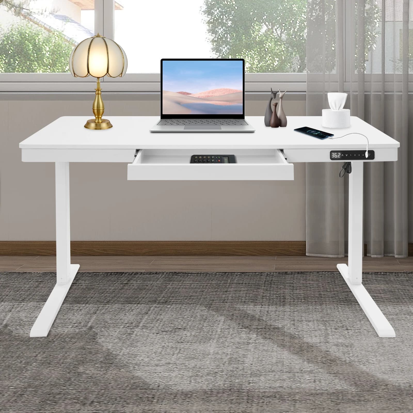 Scrivania elettrica regolabile in altezza, scrivania sit-stand con cassetto portaoggetti e porte USB, scrivania ergonomica per ufficio domestico