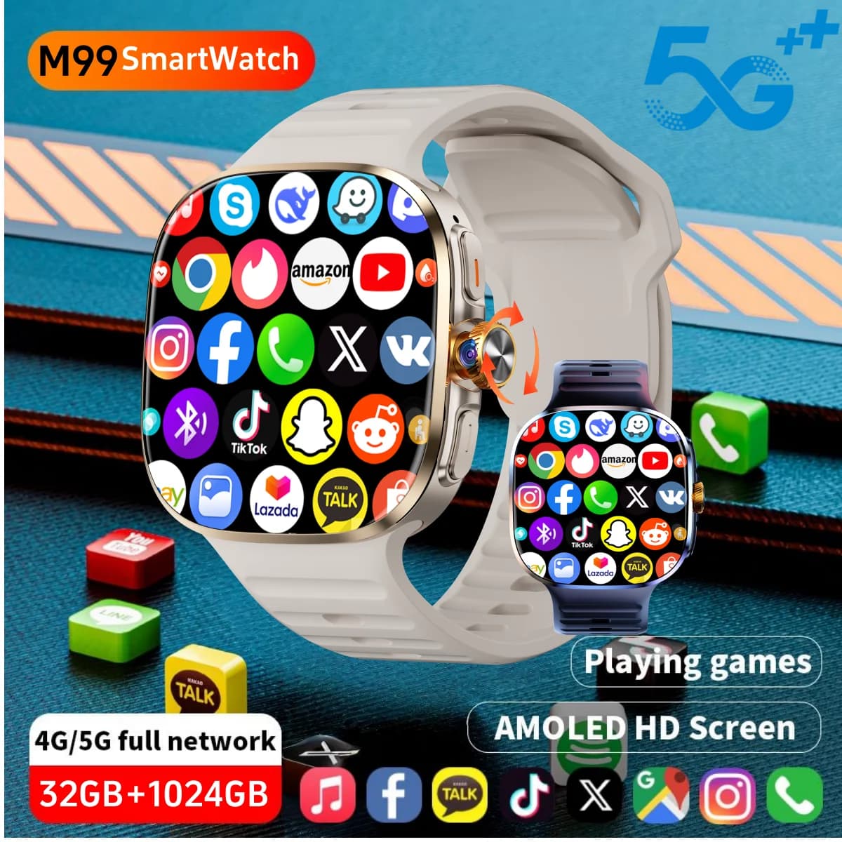 32+1024GB 5G LTE M99 Smartwatch 2.4inch Larger Amoled Screen Smart Watch With 190° Rotating Camera 12 Panel Menu 2100Mah Battery