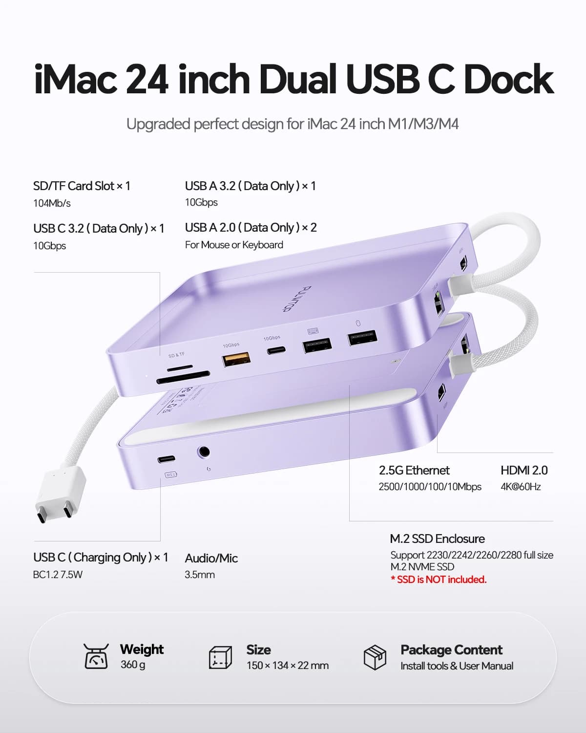 PULWTOP iMac USB Hub with 4K HDMI, Ethernet, USB A/C 10Gbps, SD/TF, M.2 SSD Enclosure (SSD Not Included) for M1/M3/M4-Purple