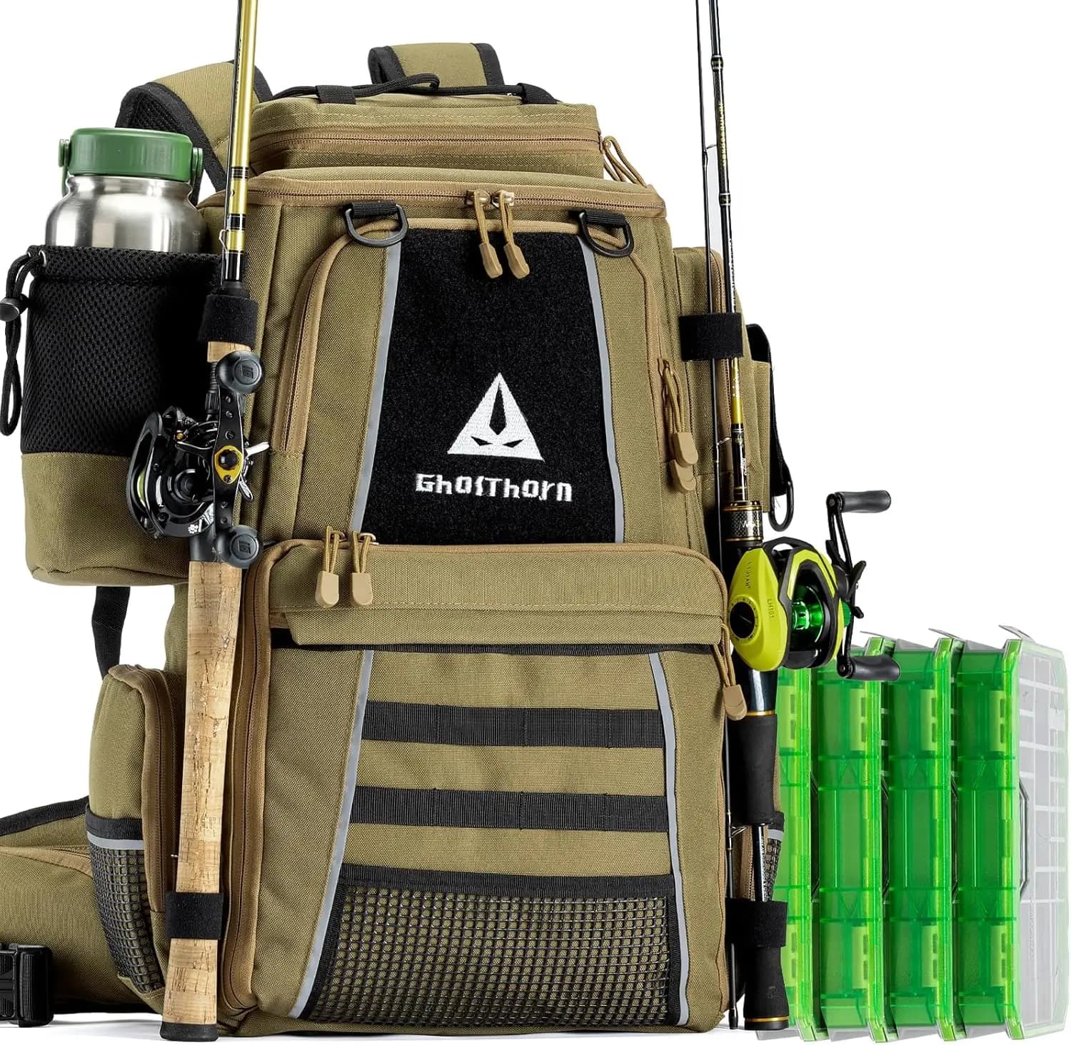 Zaino da Pesca con 4 Scatole Porta Attrezzatura 3600, Borsa Impermeabile da 43L con Portacanna e Marsupio Staccabile per la Pesca all'Aperto