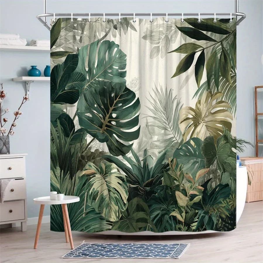 Tenda da doccia con foglie di Monstera, decorazione botanica per il bagno, in tessuto di poliestere impermeabile, lavabile, set tenda da bagno con ganci