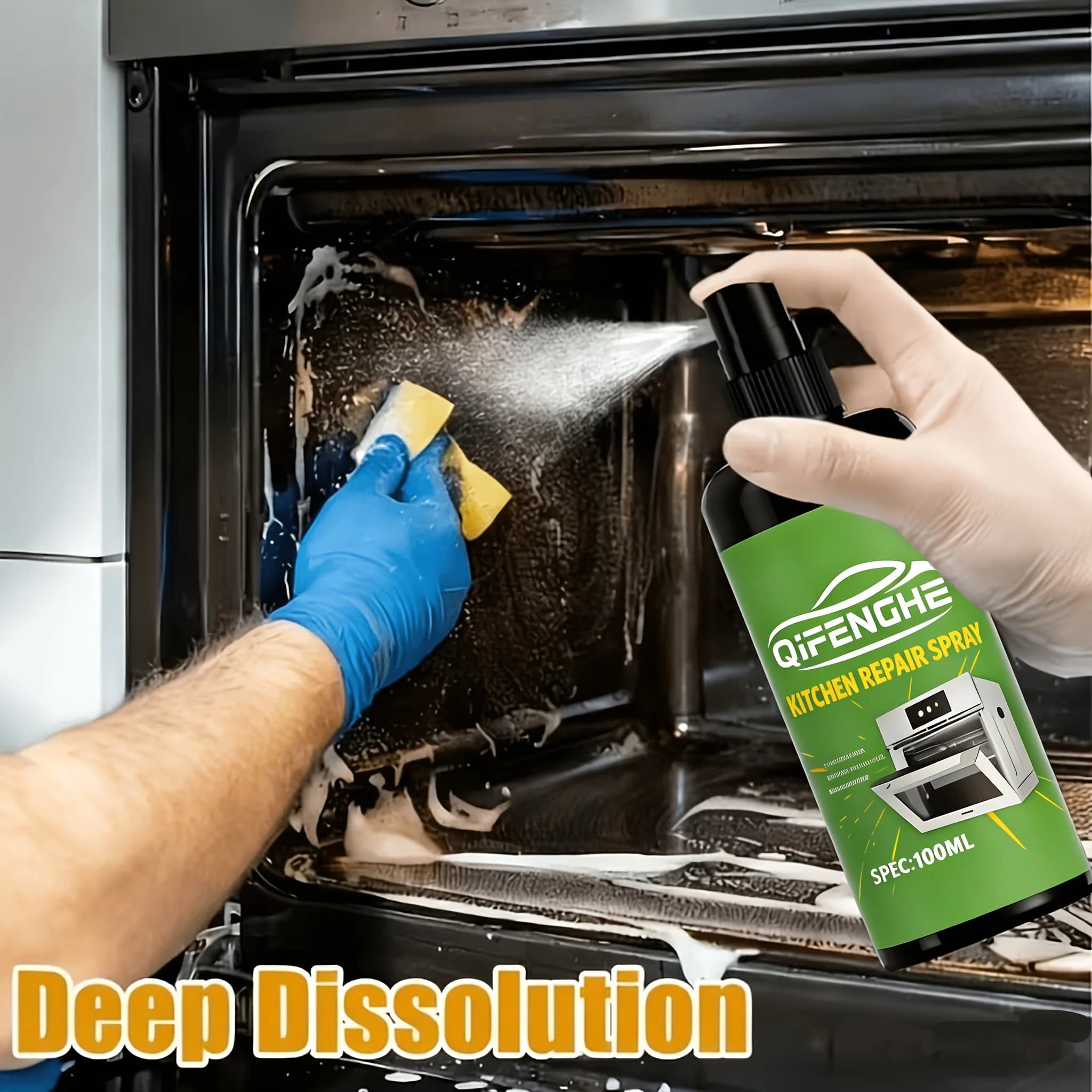 Spray detergente potente da 3.38oz per cucina, sgrassatore per friggitrice ad aria, forno, fornello e pentole, rimuovi macchie per residui bruciati e sporco incrostato