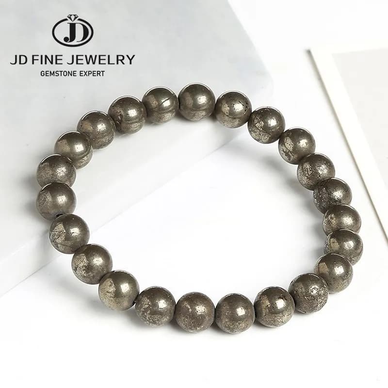 JD Natural Pyrite Bead Bracelets Women Men Vintage Charm Round Stone Energy Healing Strand Bangles Yoga Balance Wrist Jewelry
