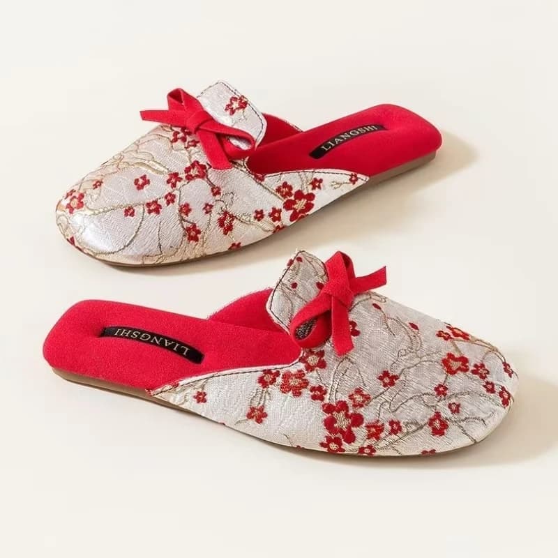 Home Slippers Baotou with Silk Print Women's Rubber Sole High Quality Ethnic Style Floor Slippers Four Seasons