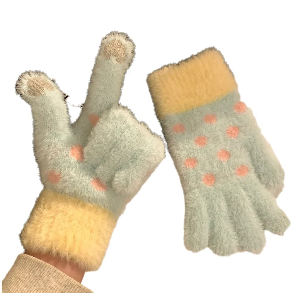 Kawaii Furry Knitted Gloves Polka Dot Touchscreen Five-Finger Gloves Soft Wool Knit Warm Gloves Riding