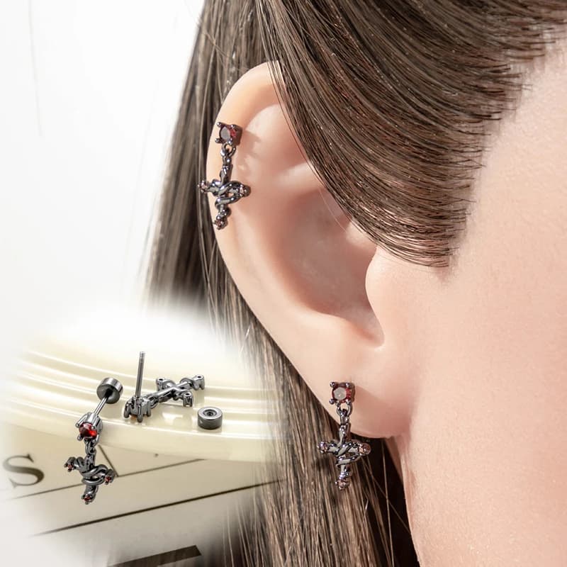 20G black plated hypoallergenic titanium pin earrings with cubic zircons, hypoallergenic piercing earrings for cartilage and trago