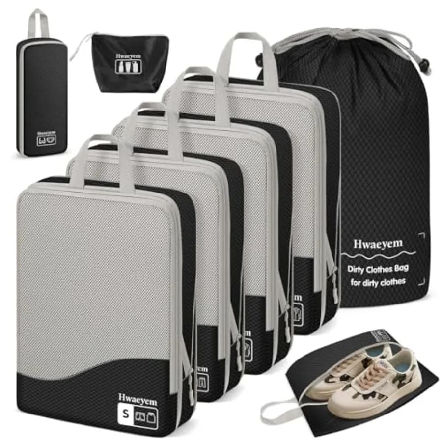 Set di 8 Cubi di Compressione per Valigie con Doppia Cerniera e Rete Trasparente, Borse da Viaggio con Scomparto per Scarpe, Nero