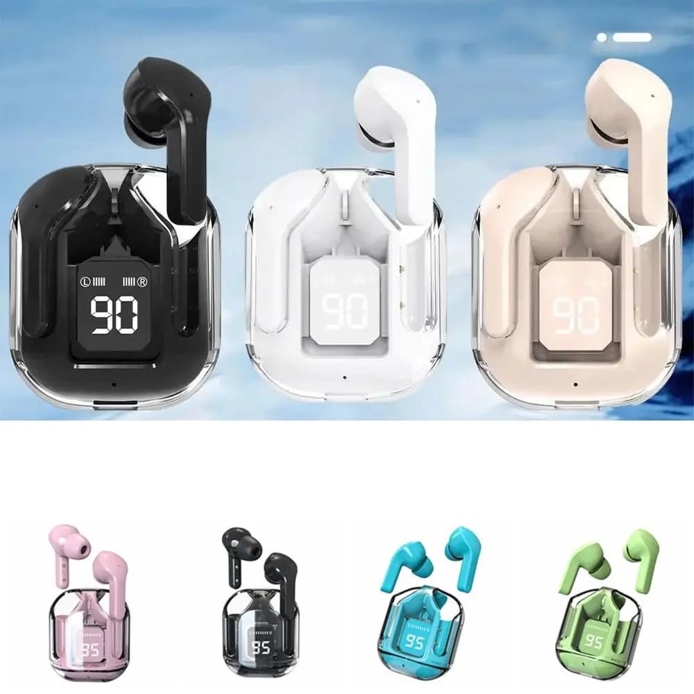 Transparent Wireless Headphones with Charging Case, Bluetooth V5.3, Waterproof, LED Display