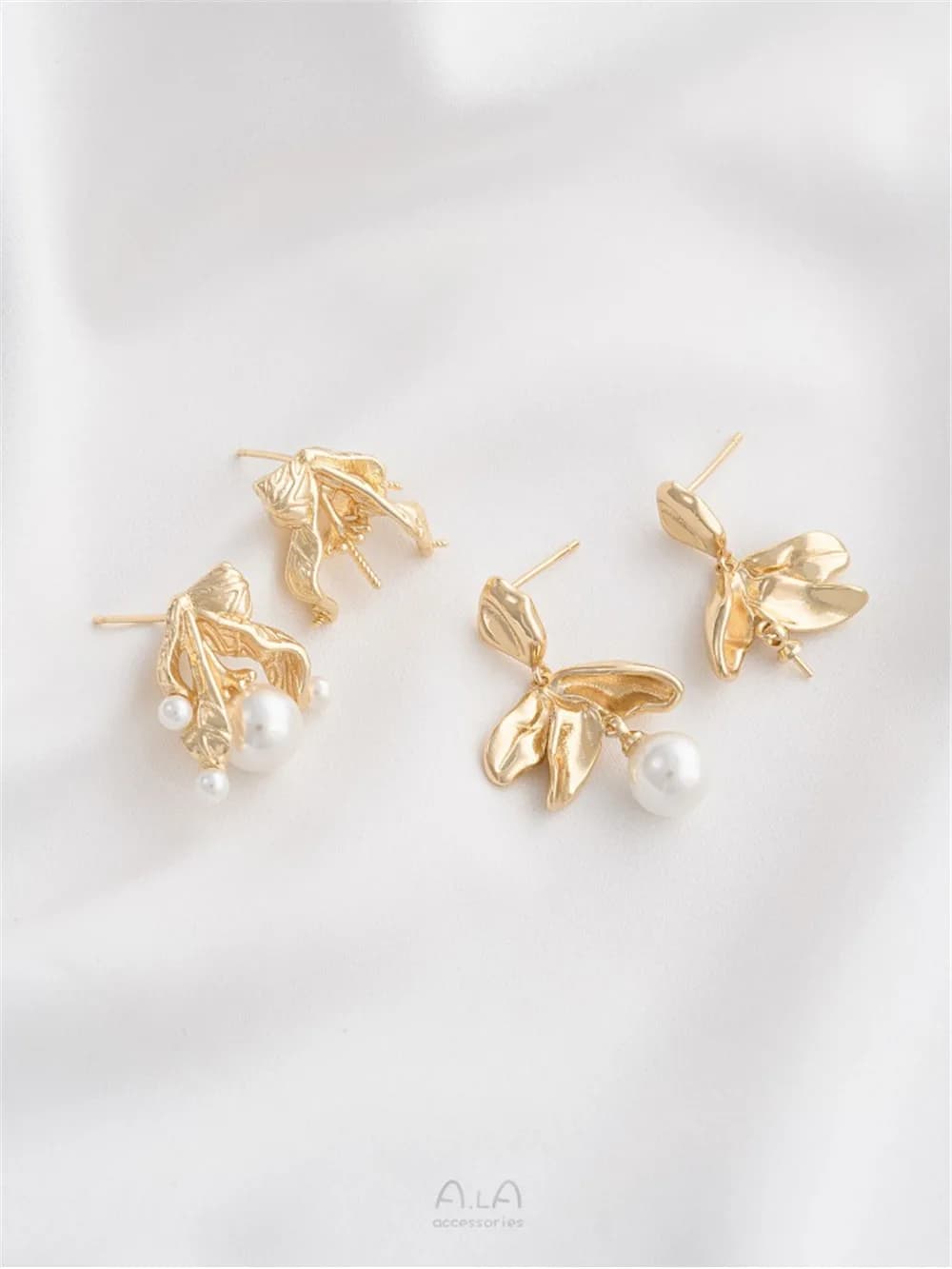 Ramoscelli and leaves with 14K gold color design with button earrings with relief support Accessories for DIY pearl earrings with silver needle 925