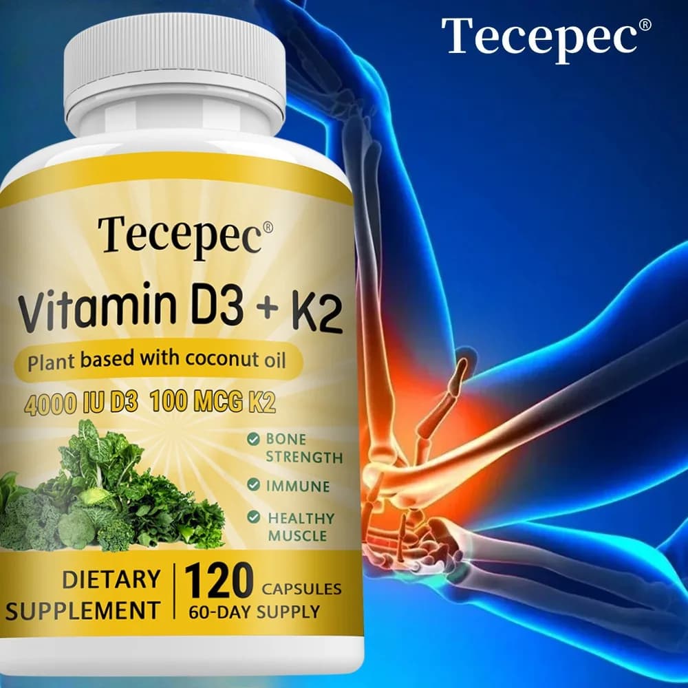 Vitamin D3 + K2, Supports Bone Health, Tooth, Digestion, Immunite System and Heart, Non-GMO, Food Supplement, 120 Capsules