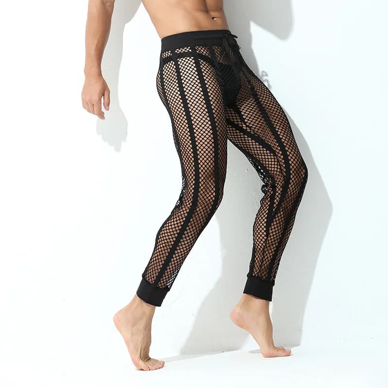 Pantaloni da uomo Pantaloni da pigiama stringati traspiranti casual estivi Pantaloni sportivi sexy a righe larghe in rete scavata