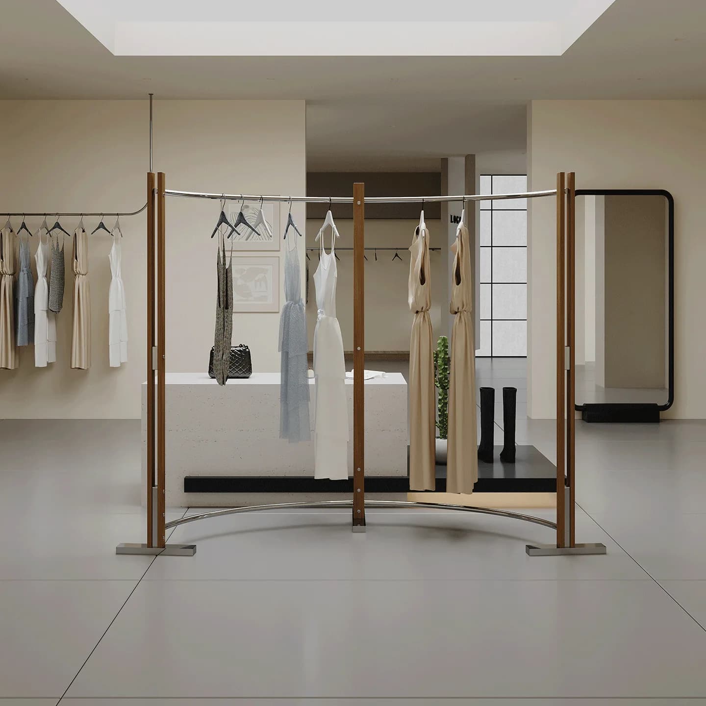 Espositore curvo per abbigliamento da donna, appendiabiti a tutta altezza per negozio di abbigliamento, stile antico Zhongdao