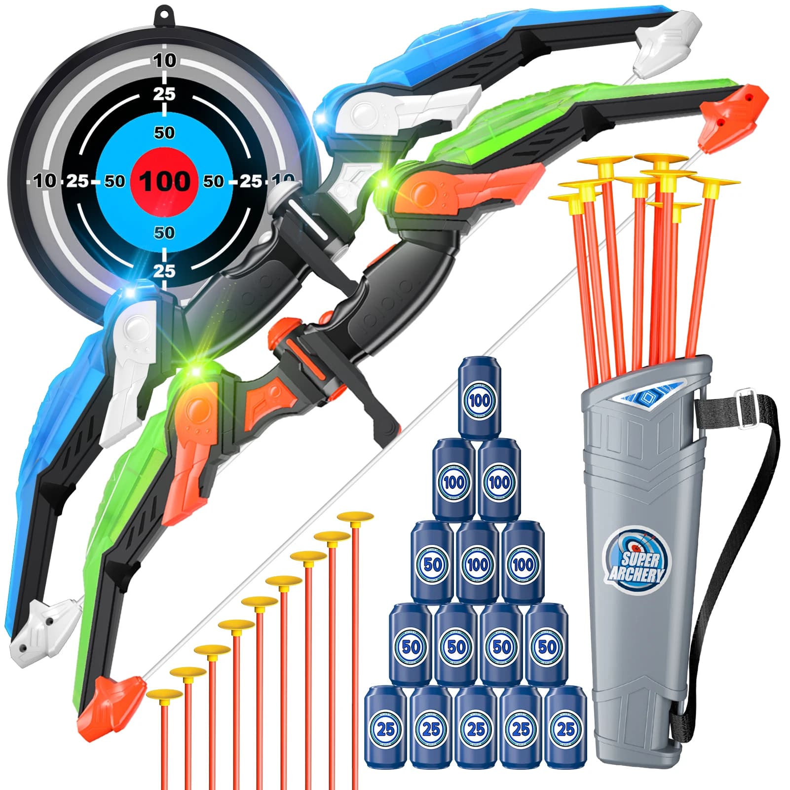 Giocattoli per arco e frecce con LED illuminato per bambini dai 3 anni in su, set di tiro con l'arco e bersagli, giochi sportivi per interni ed esterni