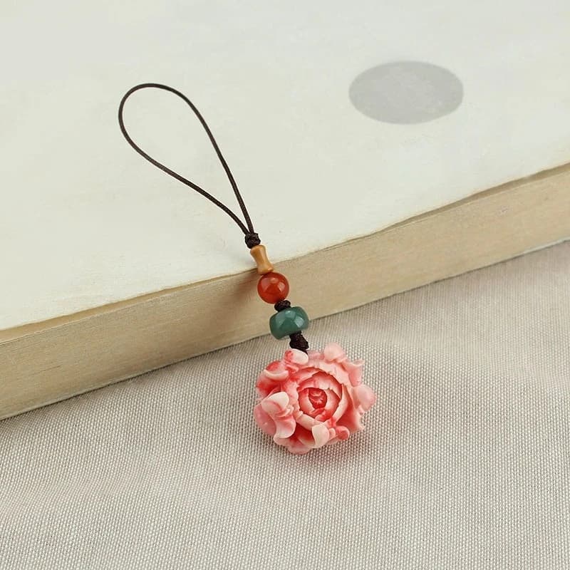 Ciondolo per cellulare da donna a forma di fiore di peonia, stile etnico, chiavetta USB, corda sospesa, portachiavi squisito