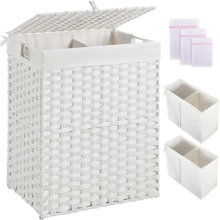90 liters divided linen basket with 2 bags with removable cover Hand woven synthetic rattan folding dress basket with lid and handles