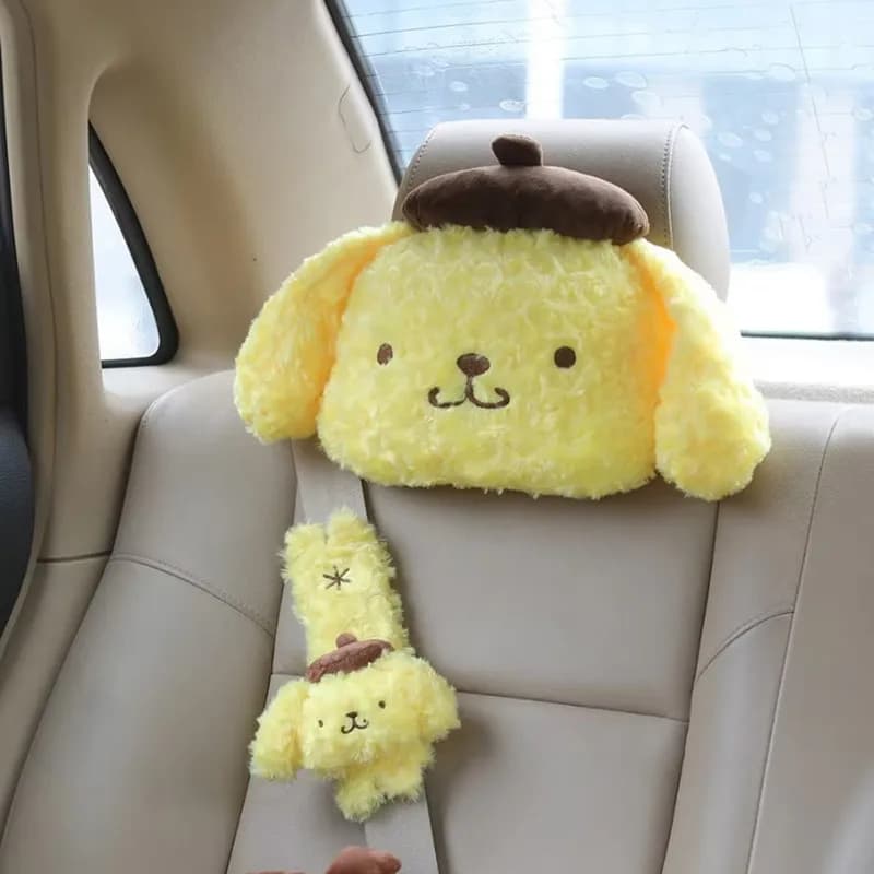 Cuscino Decorativo Sanrio Pom Pom Purin, Peluche Anime, Poggiatesta e Copri Cintura di Sicurezza per Auto