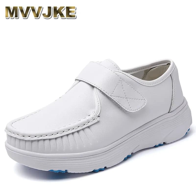 Scarpe da infermiera in vera pelle da donna Fondo morbido Scarpe da lavoro con nastro magico antiscivolo comode e traspiranti Nero Bianco Primavera Autunno