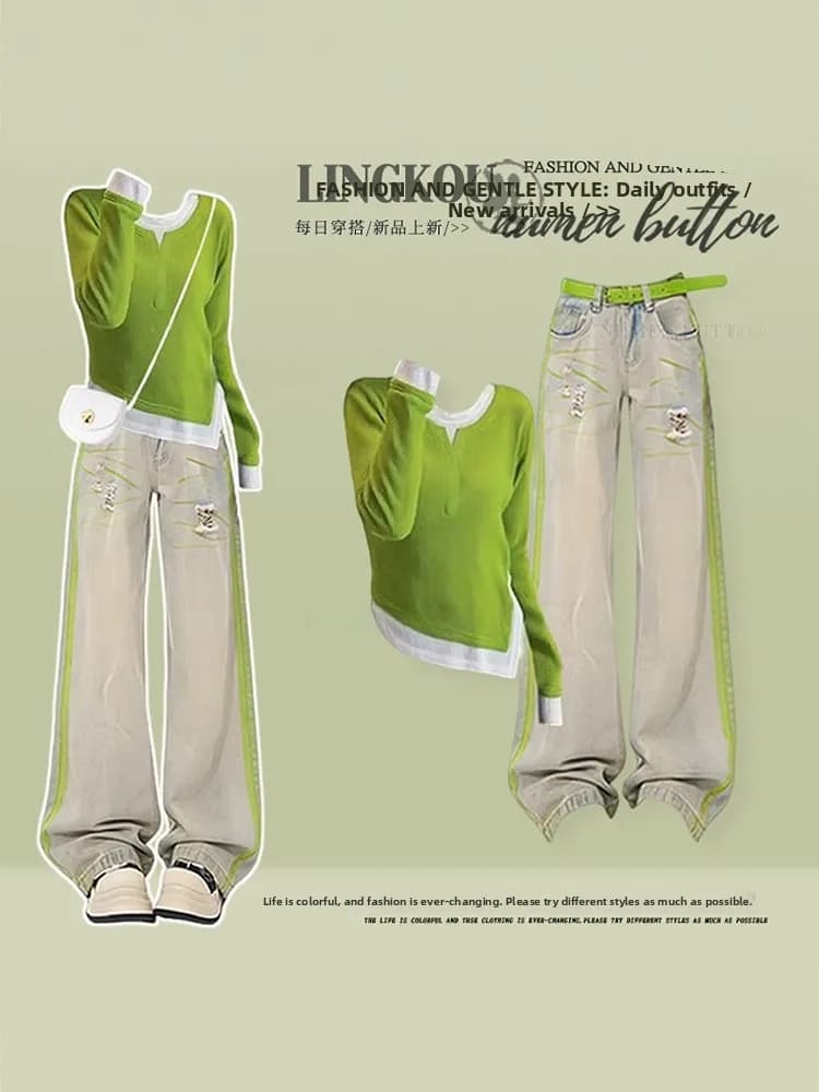 Spring Korean Style Women's Elegant Fashion Set with Vintage Slimming Jeans High Waist Long Sleeve Knitted Top And Denim Skirt