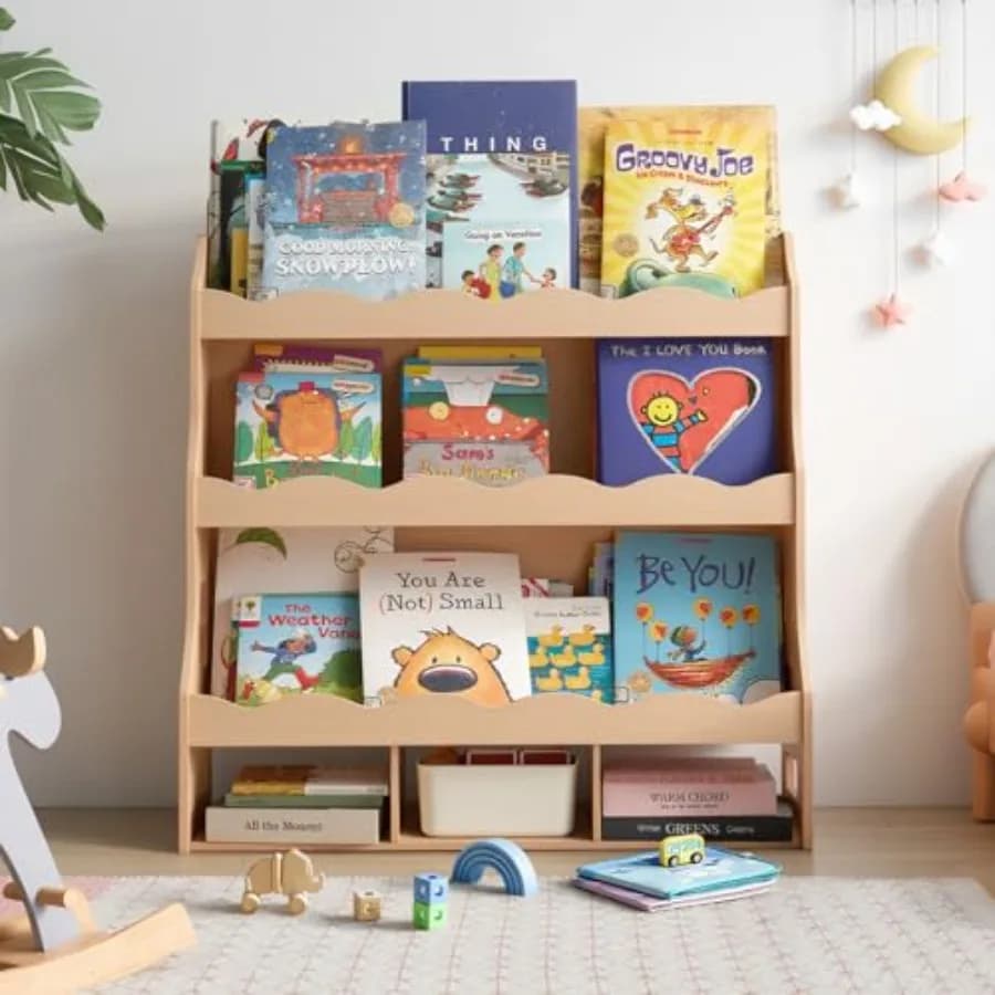 4 Level Book Shelf Wooden Children's Shelf with Toy Organizer Bookcase for nursery Montessori for bedrooms for boys and girls Play room Clas