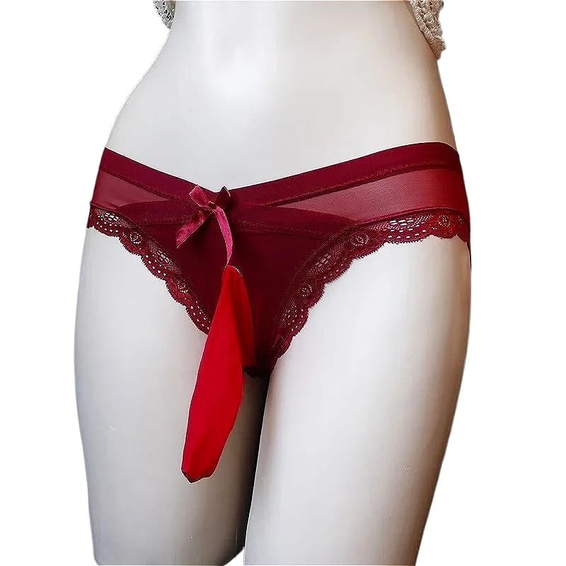 Intimo Uomo Donna Mutandine sexy Bow-nodo Aperto Chiusura Guaina Vita bassa Ultra-sottile Sissy Pouch Slip Crossdress Lingerie maschile