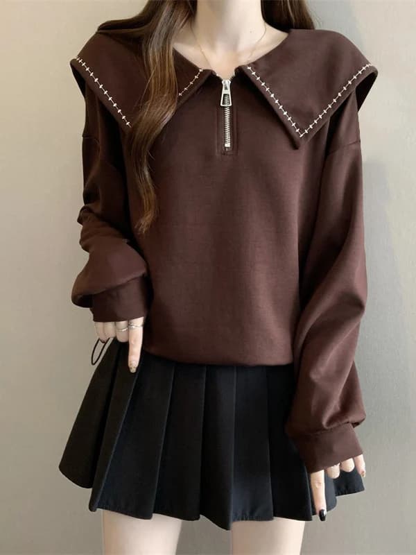 Navy Collar Half Zipper Shoulder Hoodie Women's plus Size Spring New Style Drawstring Bottom Korean Style Long Sleeve Sweatshirt