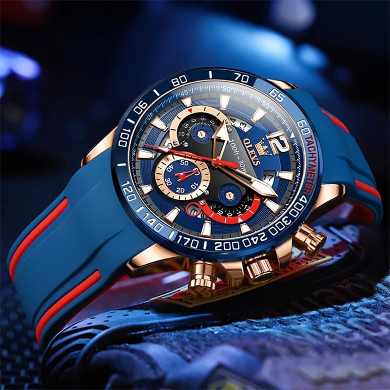 OLEVS Sport Fashion Watch For Men Waterproof Luminous Date Military Quartz Men's Wristwatch Blue Rubber Strap Reloj Hombre