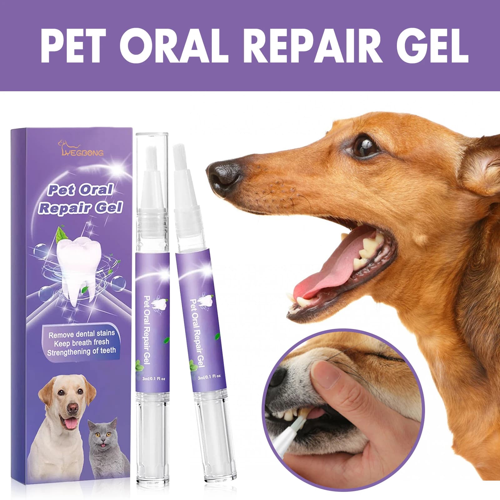 Gel riparatore orale per animali domestici, detergente per macchie sui denti, rimuove tartaro e placca, alito fresco, penna sbiancante per denti di animali domestici