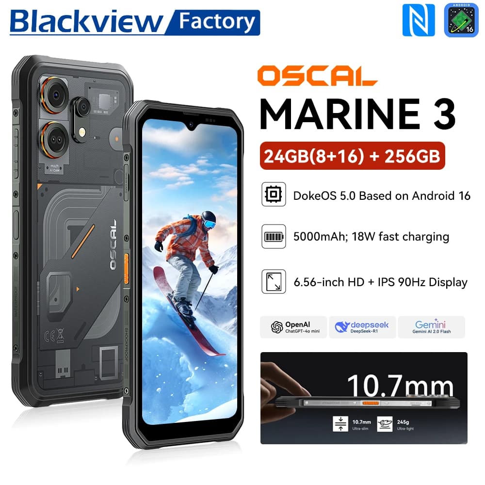 Versione globale Blackview OSCAL Marine 3 Smartphone robusto Android 16 6.56" HD+IPS Display 24GB (8GB+16GB)+256GB NFC Telefono cellulare