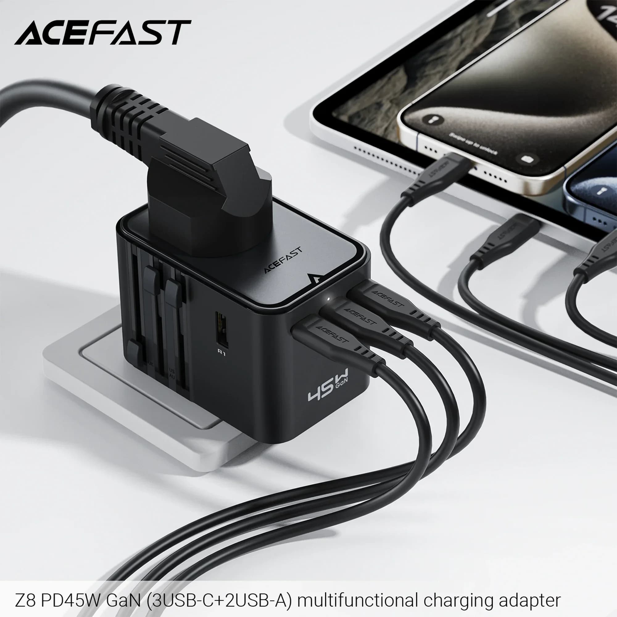 45W Smart GaN Travel Charger Simultaneous 7 Devices Fast Charging Adapter For IPhone Ipad Samsung Tablet Camping Charging Socket