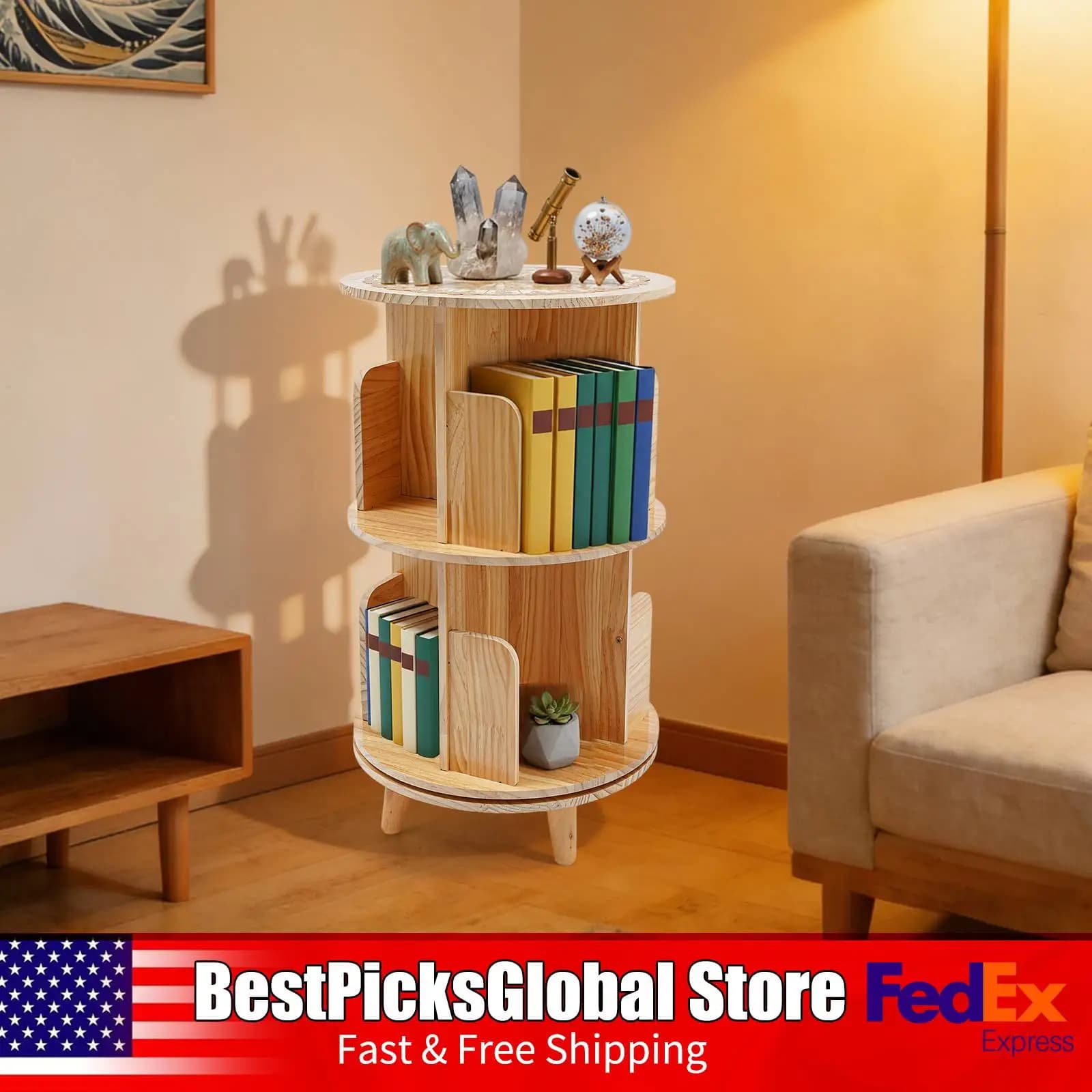 Libreria Girevole, Espositore Rotante a 2 Livelli in Legno Massello con Gambe, Scaffale da Terra per Libri, Piante, Arredamento Casa e Ufficio