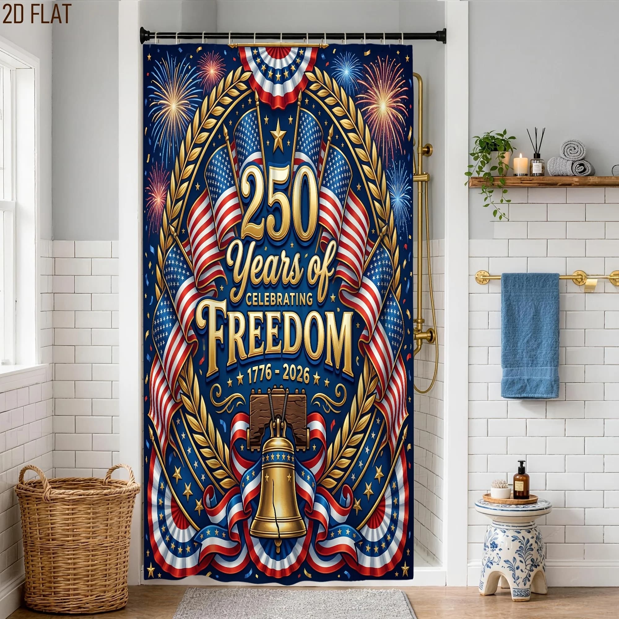 Tenda da Doccia 2D Piatta per il Giorno dell'Indipendenza, Decorazione Patriottica Blu e Oro, Lavabile in Lavatrice, per Bagno e Casa, con Ganci, Set 180x180