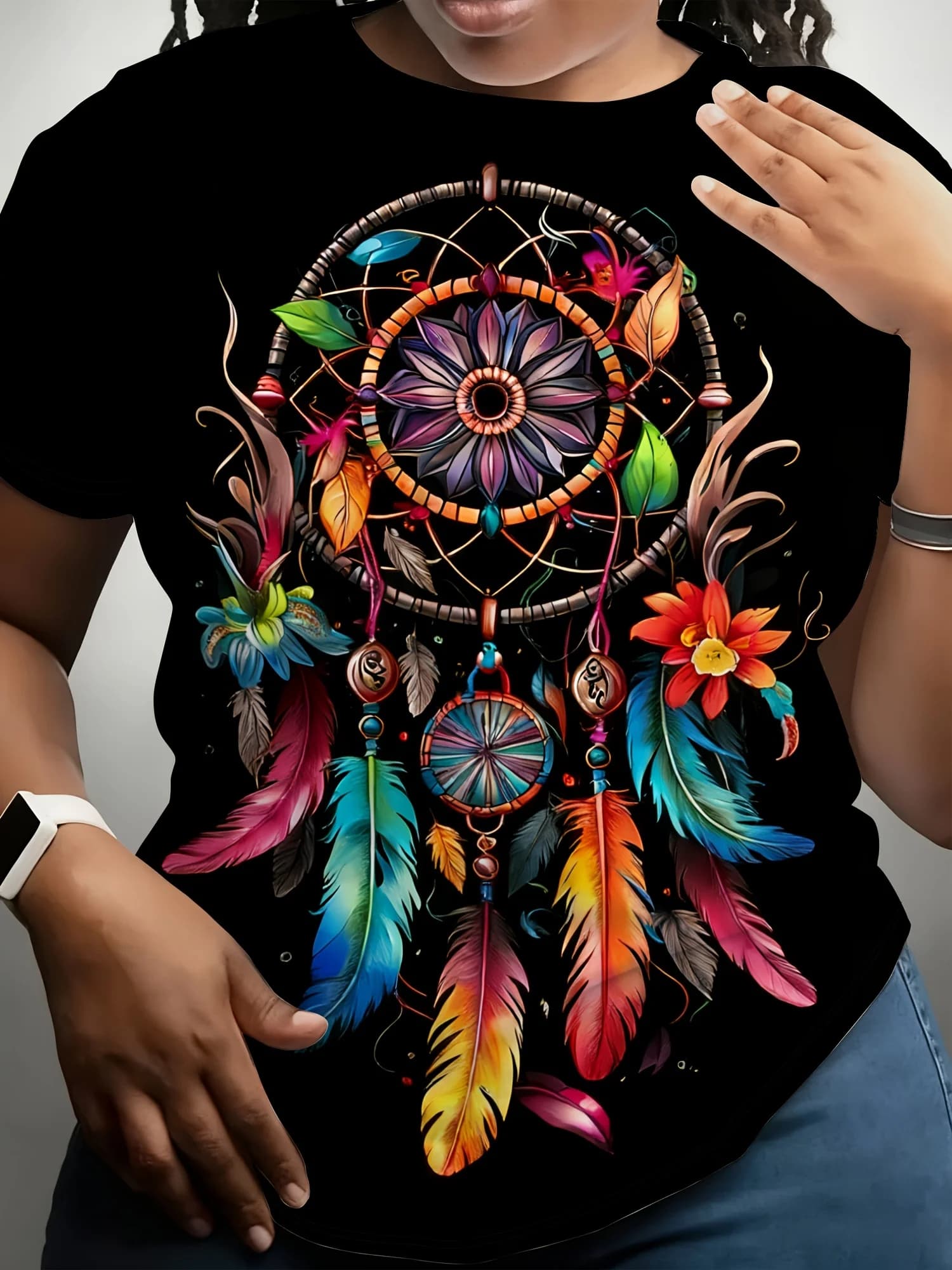 Women's T‑shirt Colorful Bohemian Dreamcatcher Feather Floral Art Graphic Short Sleeve O-Neck Summer Boho Casual Wear Women Tops