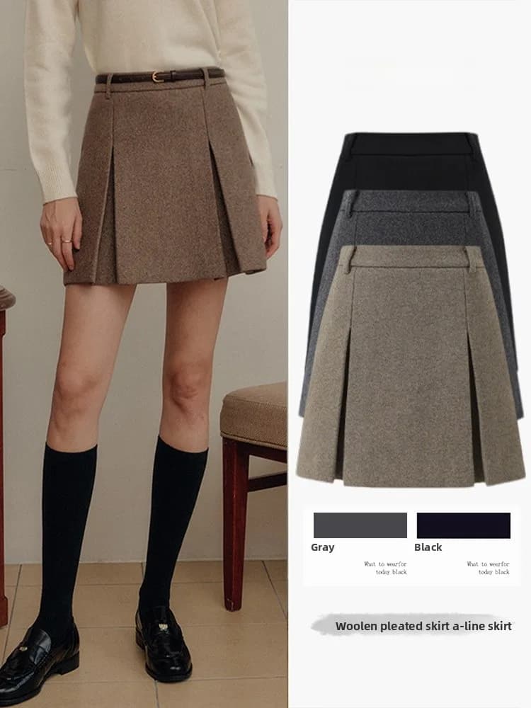 Caramel Woolen f-length Skirt Women's High-waist Pleated A-line Skirt Casual Sle Faux Static with Ci Commute