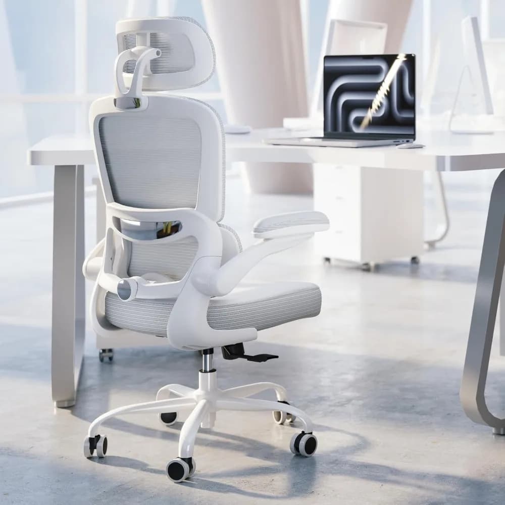 Sedia da Ufficio Ergonomica con Poggiatesta Regolabile, Supporto Lombare, Sedia da Scrivania in Rete con Braccioli Ribaltabili, Sedia da Gaming per