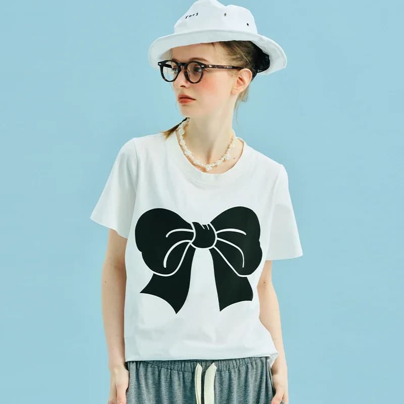 T-shirt oversize in cotone traspirante con fiocco bianco da donna primaverile in estate Y2k Abbigliamento da strada Top casual a mezza manica allentato