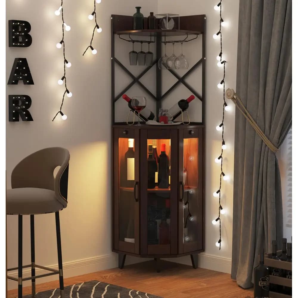 Mobiletto portabottiglie angolare con anta in vetro con serratura e luce LED, mobile bar a 4 ripiani, bar domestico moderno in stile rustico per soggiorno, 2