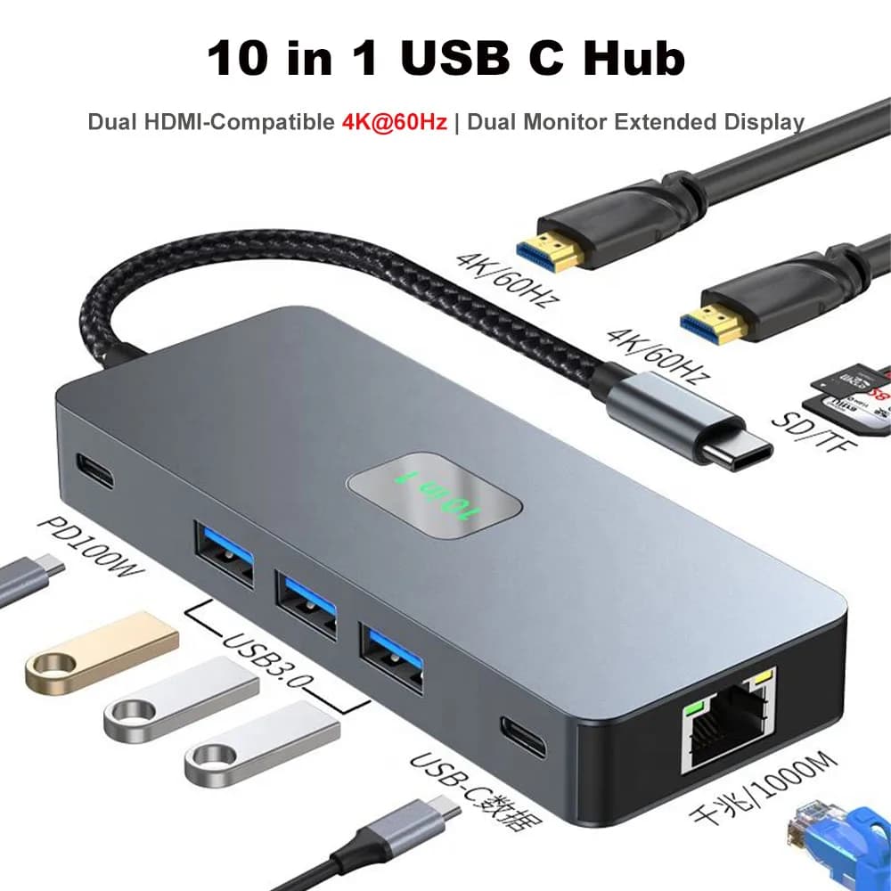 Docking Station USB C 10 in 1 con Doppia Uscita HDMI 4K@60Hz, 100W PD, 3xUSB 3.0, Gigabit RJ45, SD/TF, Hub Type C per MacBook Pro XPS