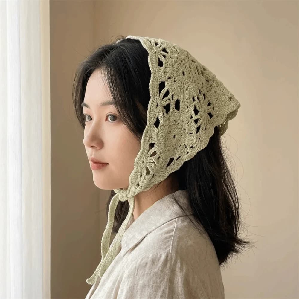 Cute French Knitted Headband Pastoral Style Floral Triangle Turban Handmade Bohemian Women Hair Scarf Children
