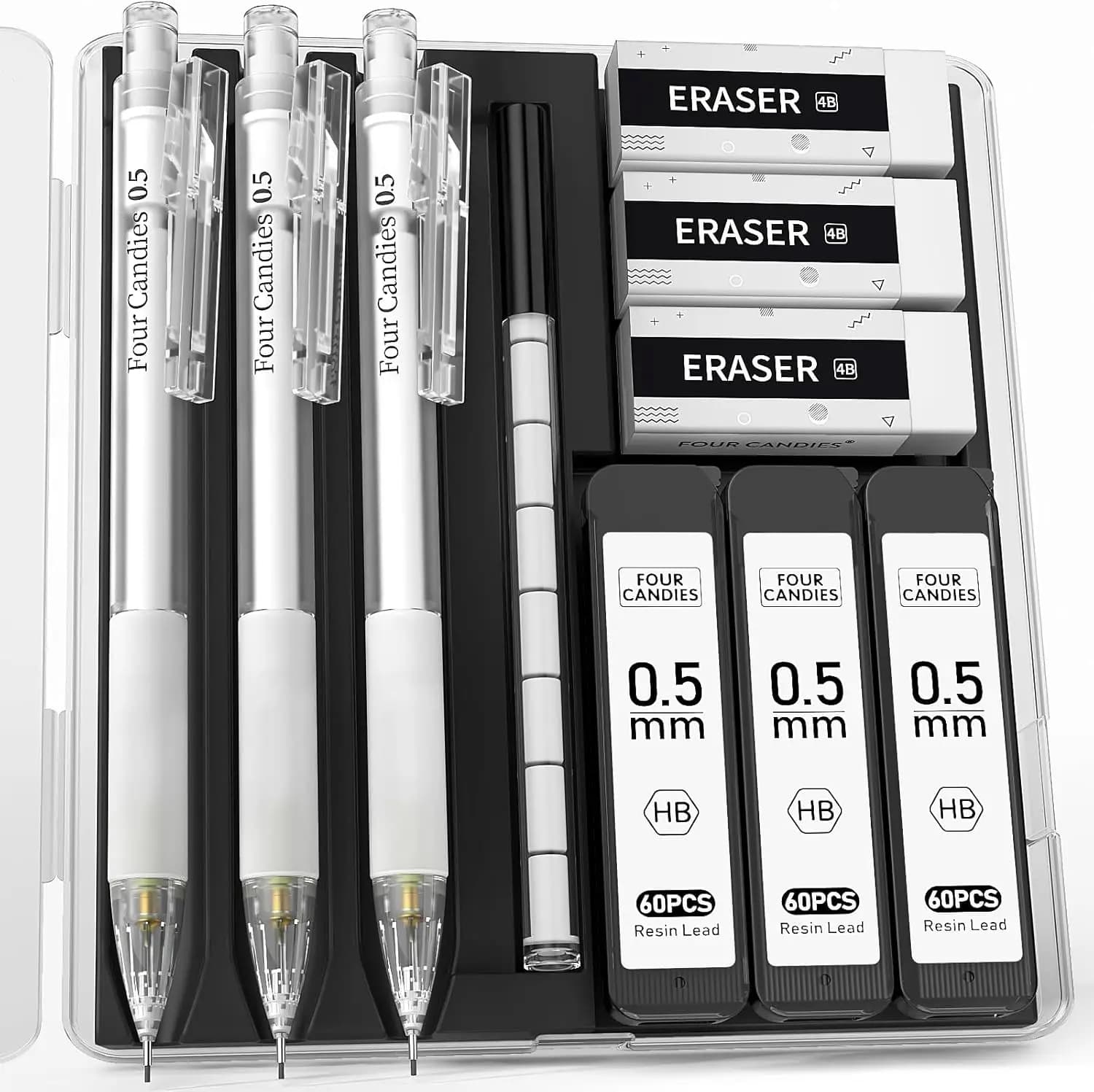 Set di matite meccaniche con custodia - 3 matite da 0,5 mm, ricariche di mina HB, gomme per disegno e scrittura per studenti