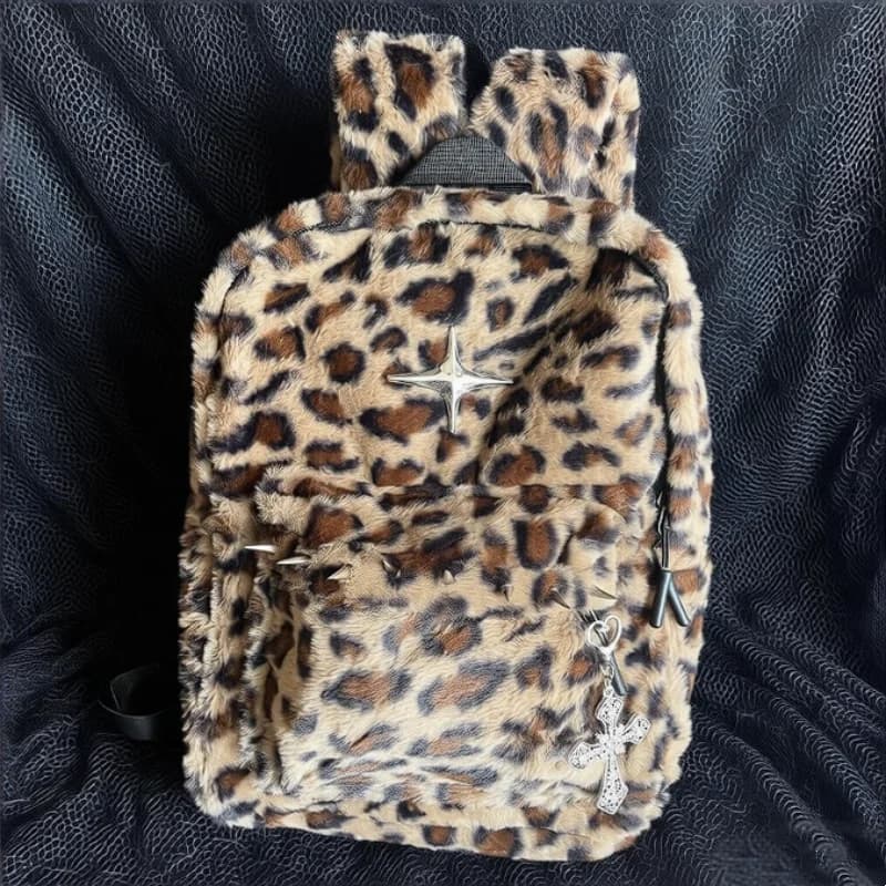 Original Designed Large Capacity Fashion Backpacks For Women Punk Rivet Leopard Print Backpack