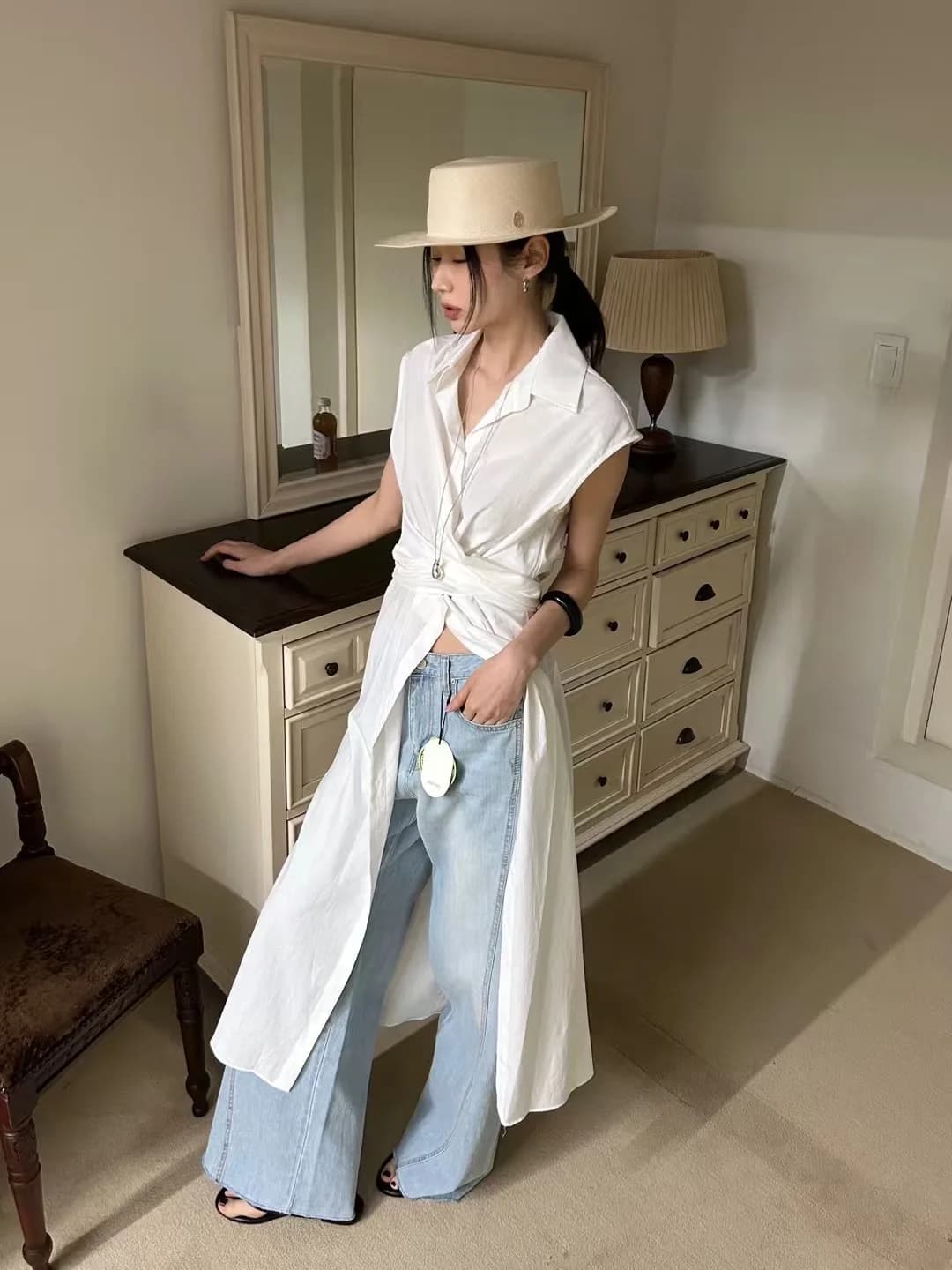Chic Sleeveless Shirt Dress Women's Collared Single Button Cross Belted Waist Slim Straight Long Skirt Trendy Casual Cotton B...