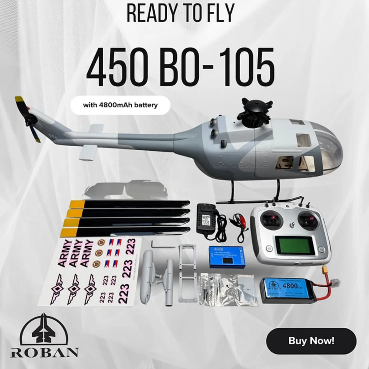Elicottero RC modello Roban 450 Size RTF BO-105, 4 pale X2.