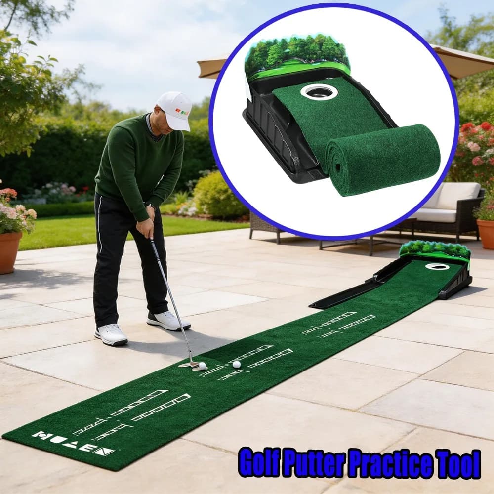 Tappetino da Golf per Putting da 2,4 m per Pratica Indoor con Superficie Verde Reale, Ritorno Palla Veloce, Freccia 3D e Foro Singolo - Perfetto Regalo per l'Allenamento del Putting