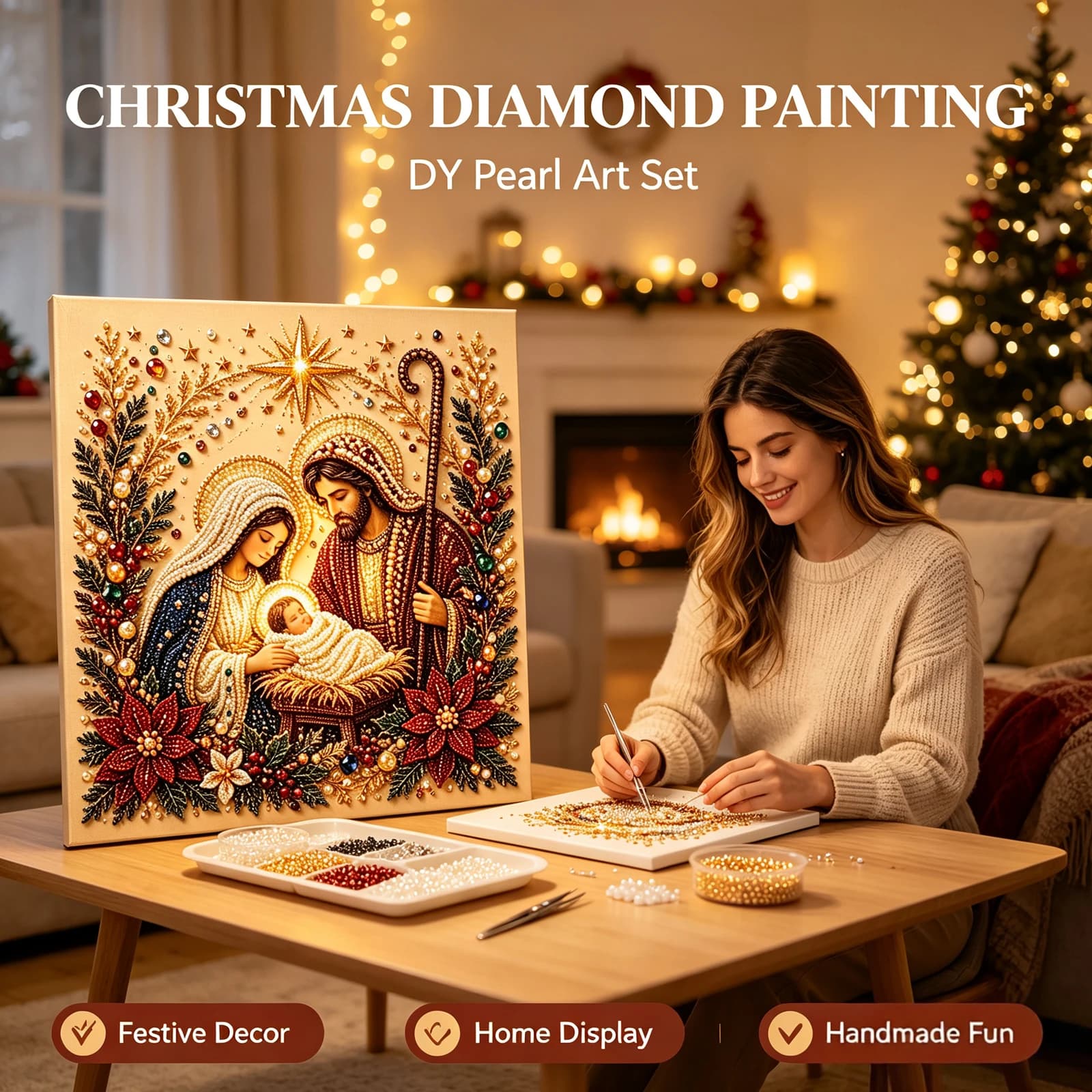 Dowmoo DIY Christmas Diamond Painting Art Kit Nativity Scene 3D Pearl Shiny Home Decor Stress Relief Holiday Creative Gift Set