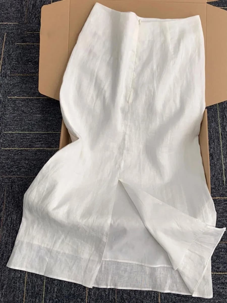 White Cotton Linen Long A-Line Skirt High Waist Side Slit Summer New Style plus Size Women's Fashion Commute Casual Skirt