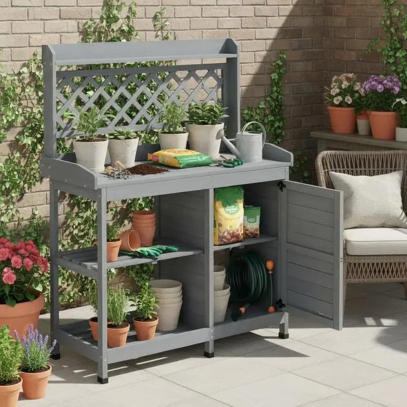 Tavolo da Giardinaggio, Postazione di Lavoro in Legno per Esterni con Armadietto e Ripiani, Piano in Legno 43 x 18 Pollici, Stazione di Lavoro per Giardinaggio per Patio, Cortile, Balcone, Grigio