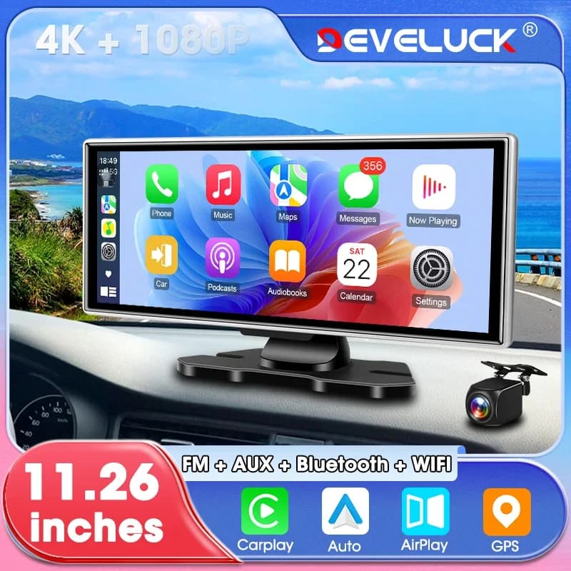 Develuck Dash Cam da 11,26 pollici 4K DVR per auto Wireless Carplay e Android Auto Navigazione GPS Retrovisore Cameera Videoregistratore Cruscotto
